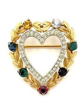 CROWN TRIFARI Dearest acrostic brooch - vintage gold-tone rhinestone heart pin